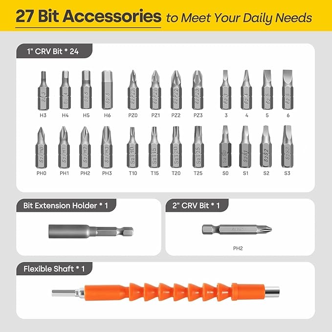 Enventor Cordless Screwdriver Set, 4V 6N.m Electric Screwdriver 2000mAh with USB Type-C Rechargeable, 3 Torque Settings, LED Work Light, Magnetic Bits Set, Bit extension Holder, Flexible shaft