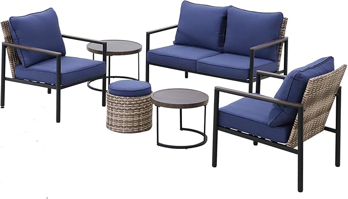 COOS BAY Sand Dune 5 Piece Wicker Patio Furniture Set, Rattan Outdoor Furniture with Nesting Tables, Chairs, Loveseat, Coffee Tables, and Ottoman, Brown/Blue