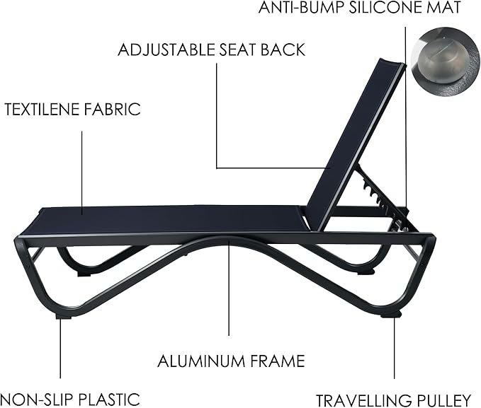 Kozyard Patio Chaise Lounge Chair Set Full Alumium Outdoor Reclining Adjustable Chair Flat Poolside Lounge Chairs for Sunbathing, Patio, Beach 2NavyBlue Textilene W/Table