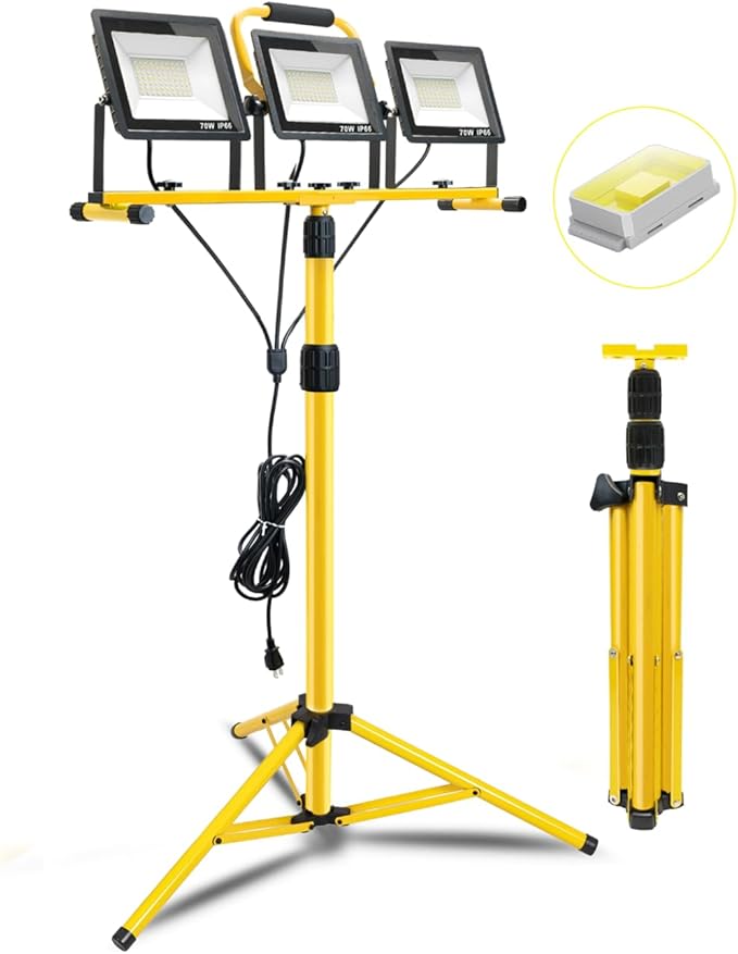 21000Lumen LED Work Lights with Stand: 3 Head Adjustable Work Light with Individual Switch - IP66 Waterproof Foldable Tripod Worklight with 16.4FT Cord for Indoor Outdoor Portable Lighting