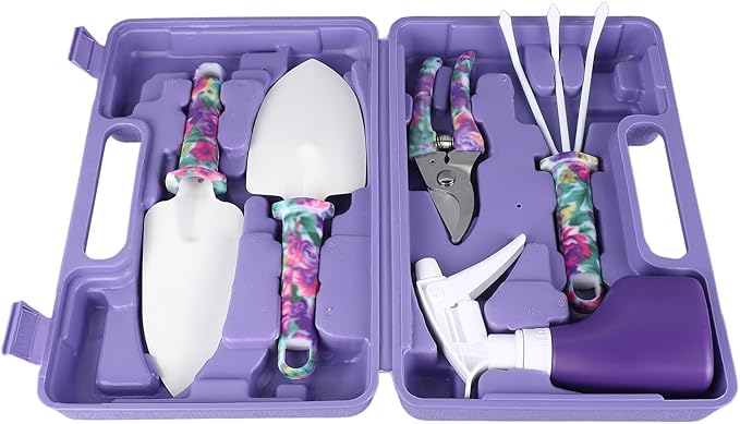 5 Piece Garden Tool Set, Includes Cultivator Rake and Shovels, Branch Scissors with Spray Can, for Indoor and Outdoor Planting, Purple Storage Container.