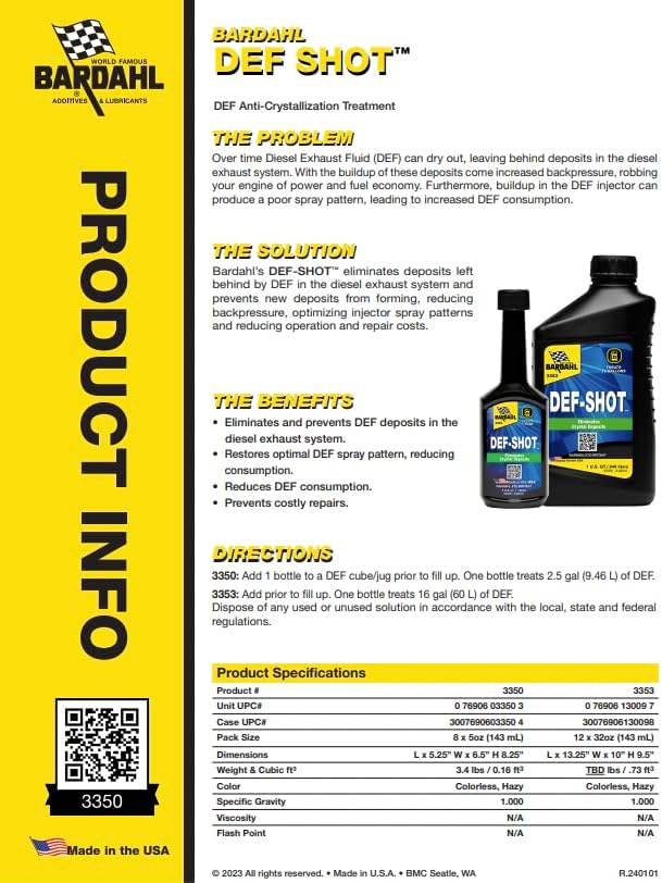 Bardahl 3350 DEF-Shot - The Ultimate DEF Cleaner and Anti-Crystallization Diesel Additive Reducing DEF Consumption - 5oz (8-Pack)
