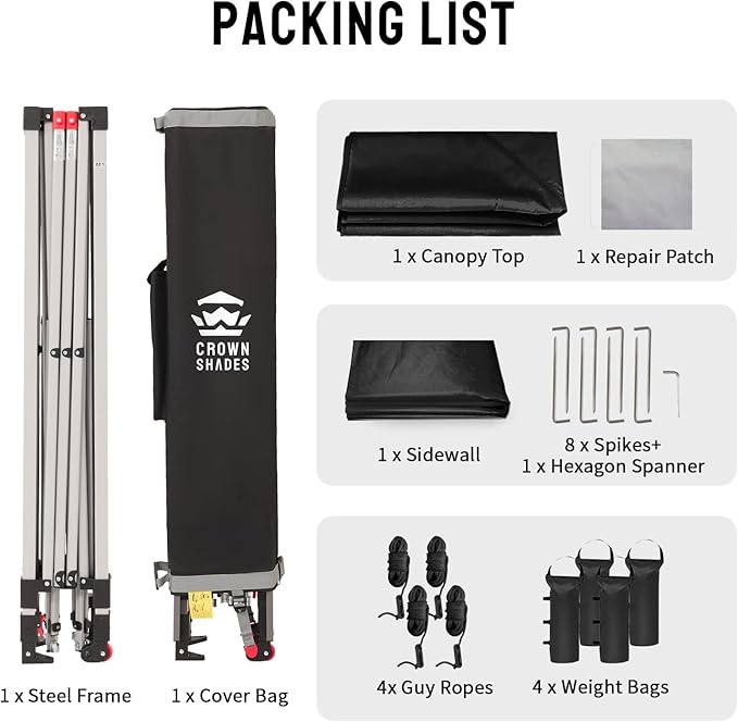 CROWN SHADES 12x12 Pop Up Canopy Tent Instant Commercial with 150D Silver Coated Fabric Including 1 Removable Sidewall, 4 Ropes, 8 Stakes, Weight Bags, STO 'N Go Bag, Black