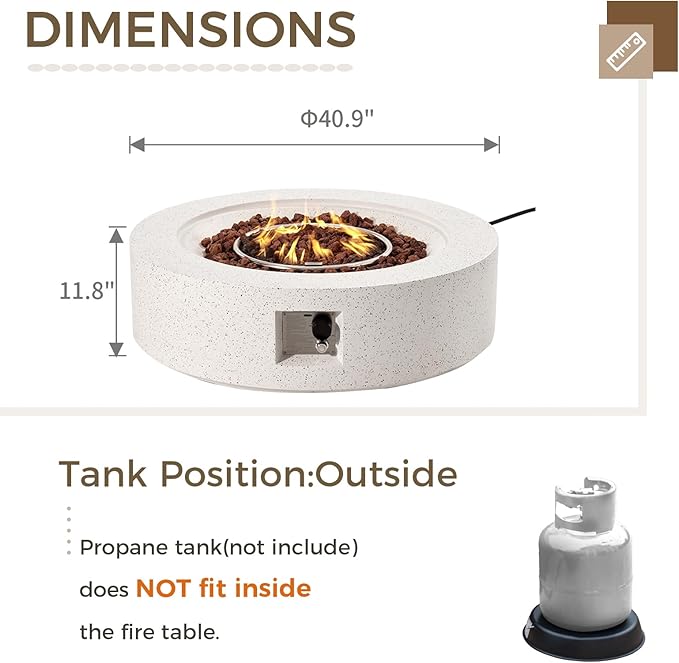 SUNBURY Outdoor 42inch Propane Fire Pit Table, 50,000 BTU Spotted White Patio Fire Table, Concrete Round Gas Fire Table w Lava Rocks