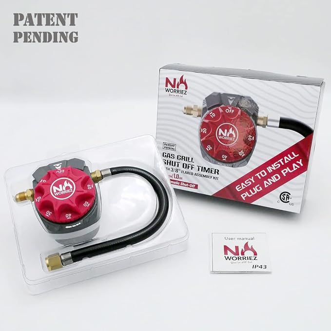 NO WORRIEZ Safety Auto Shut-Off Gas Timer for Propane & Natural Gas | Outdoor Grill, Fire Pit, Pizza Oven | – 100,000 BTU w/ 3/8" Flared Assembly Connector & Hose, Patent Pending