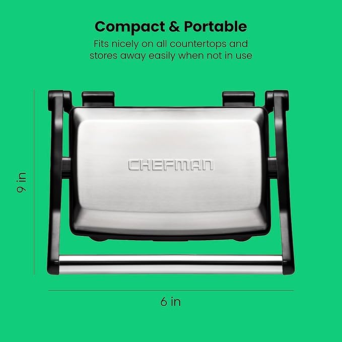 Chefman Electric Panini Press Grill and Gourmet Sandwich Maker w/ Non-Stick Coated Plates, Opens 180 Degrees to Fit Any Type or Size Food, Dishwasher Safe Removable Drip Tray, Stainless Steel/Black