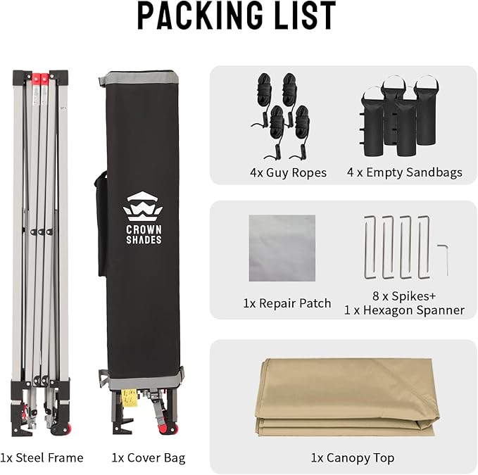 CROWN SHADES 10x10 Pop Up Canopy, Patented Center Lock One Push Tent Canopy, Newly Designed Storage Bag, 8 Stakes, 4 Ropes, Beige