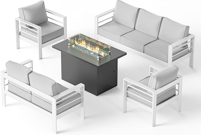 UDPATIO 6 Piece Aluminum Patio Furniture Set with Aluminum Fire Pit Table,Mordern Outdoor Furniture Set with Water-Proof Cover Included,White