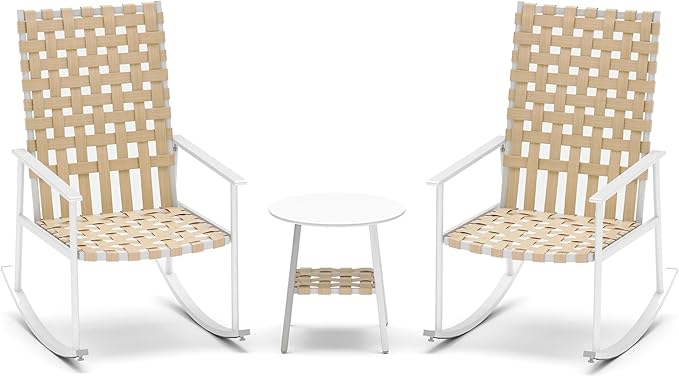 3-Piece Outdoor Patio Furniture Set, Rocking Bistro Conversation Set with 2-Tier Side Coffee Table, Front Porch Furniture for Lawn, Garden, Balcony, Poolside (Beige)