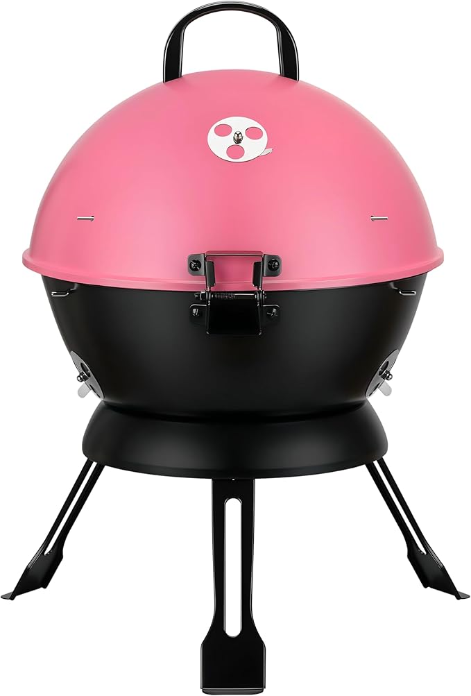 14-Inch Portable Barbecue Grill,Outdoor Small Grill with Dual Venting System and Warming Rack for Picnic, Camping, Backyard,Pink