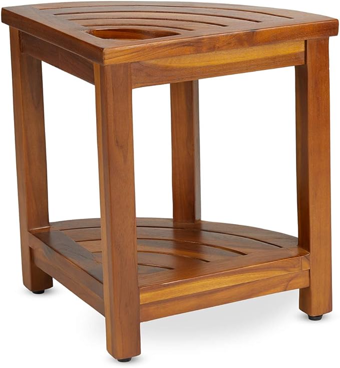 TeakCraft Teak Corner Bench with Shelf and Basket, Fully Assembled, 16 Inch, The Loki