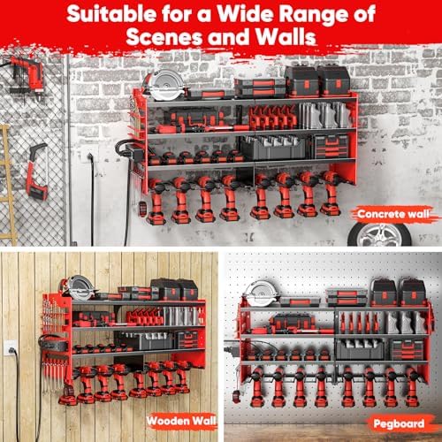 POKIPO Large Power Tool Organizer Wall Mount with Charging Station,4 Layer Heavy Duty Metal Tool Storage Shelf Loads 600lbs,Battery Utility Rack With 4 Outlet Power Strip with 8 Cordless Drill Holder