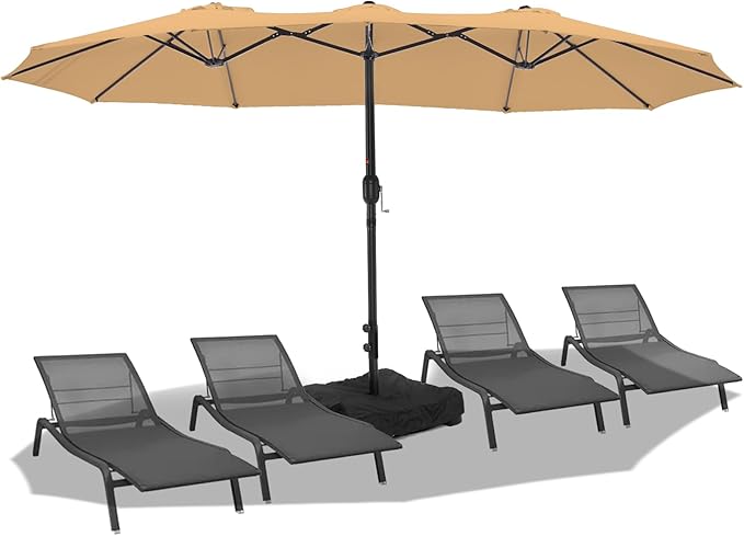 wikiwiki 15ft Large Patio Umbrellas with Base Included, Outdoor Double-Sided Umbrella with Crank Handle, Powerful UV Protective, for Pool Lawn Garden, Tan