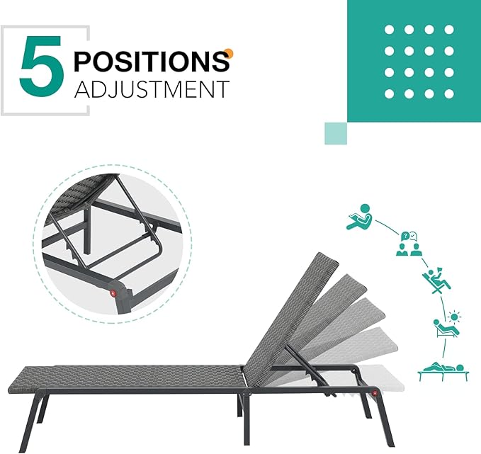 Patiorama Patio Chaise Lounge Set of 4, Aluminum Outdoor Folding Lounge Chair, All-Weather PE Rattan Wicker Adjustable Reclining Lounge Chair for Outside,Portable Sun Lounger for Beach Lawn Pool-Grey