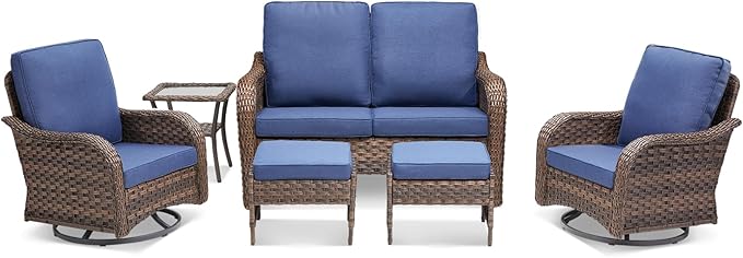Wicker Patio Furniture Set, 6 Pieces Outdoor Wicker Sofa with Swivel Patio Chairs, Glass Side Table, Ottomans, All Weather High Back Rattan Loveseat Couch with Comfy Cushions, Brown/Blue