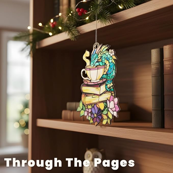 Book Dragon Christmas Ornament Floral Teacup Bookish Acrylic Suncatcher Stained Glass Effect Window Hanging for Book Lover Fantasy Reading Nook Decor Gift for Librarian Readers