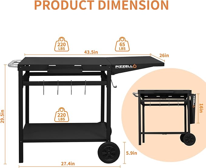 PIZZELLO Outdoor Grill Table 44" x 26" Movable Pizza Oven Stand Foldable Double-Shelf Grill Cart Fit for 12/16inch Oven Ooni Ninja Woodfire Blackstone