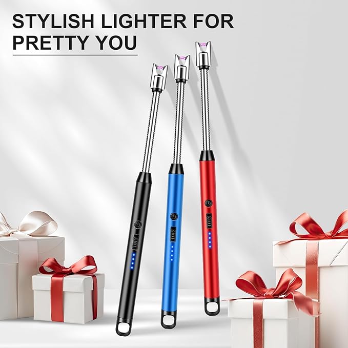 LcFun 3 Pack Electric Candle Lighter Windproof USB Rechargeable Plasma Lighter with LED Battery Display, Flameless Long Arc Lighters for Candle Grill BBQ Camping Stove (Black,Blue,Red)