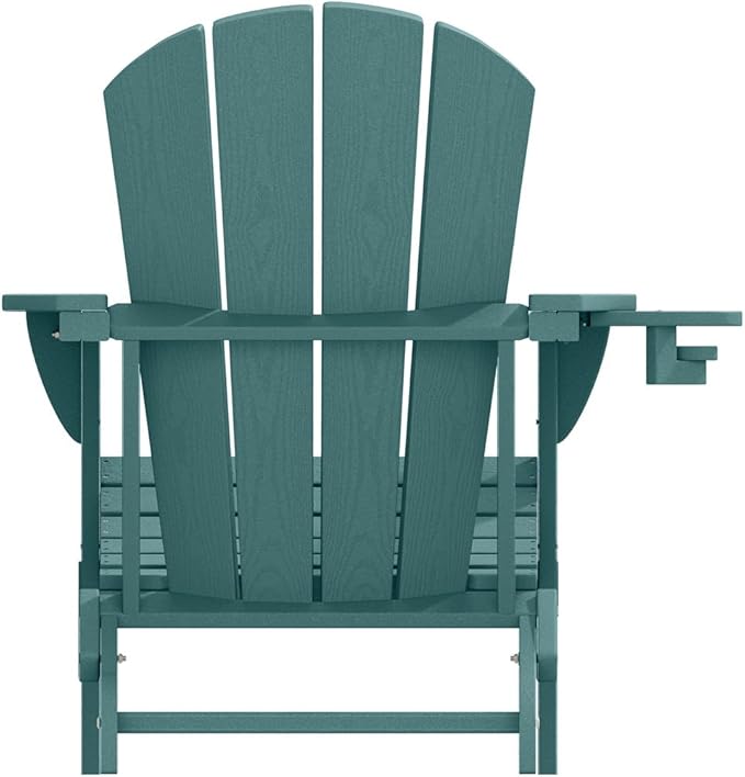 Folding Adirondack Chairs with Cup Holders, Set of 6 HDPE Plastic Outdoor Chairs, Weather Resistant, Real Wood Look, Heavy-Duty Patio Furniture for Deck, Fire Pit, Backyard, Aruba Blue