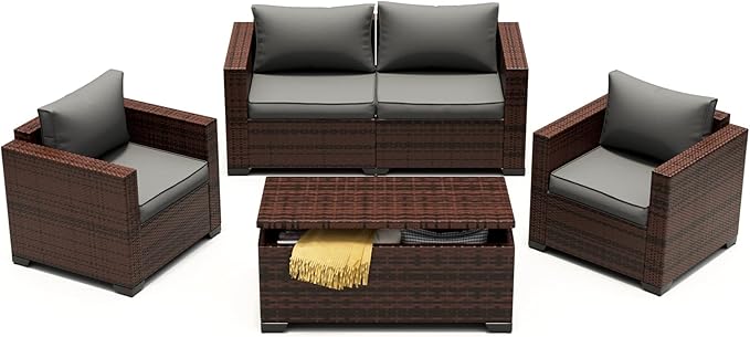 UDPATIO 4 Piece Patio Furniture Set, Wicker Patio Set with Storage Coffee Table and Dark Grey Cushions, Outdoor Patio Furniture for Porch Balcony