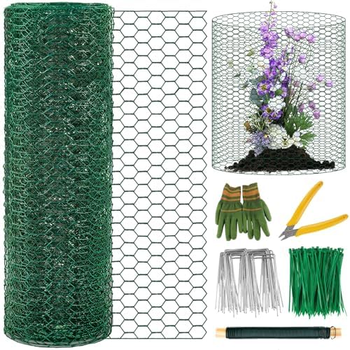 Plant Protectors from Animals, 16.4 x 16In Green PVC Coated Galvanized Chicken Wire Mesh Roll, 0.8mm Free-Cut Plant Cage with Ties, Stakes, Gloves, Pliers & Floral Wire (33Ft*23.6In(23.6X 394 Inch))