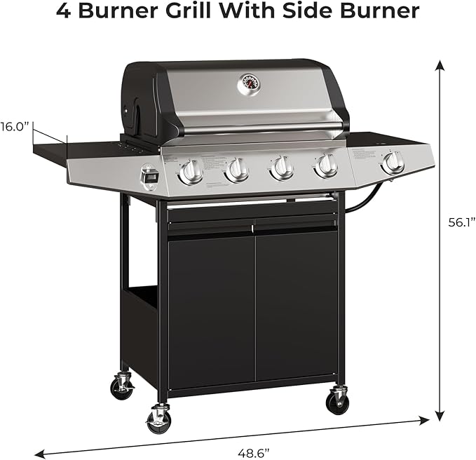 4 Burner Gas Grill with Side Burner,Stainless Steel Propane Grill Outdoor BBQ Grill with Oil Tray and Built-in Thermometer for Outdoor Barbecue, Camping, Patio, Backyard, 49,000 BTU