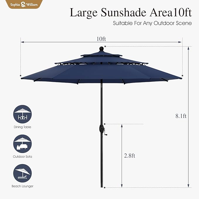 Sophia & William 10ft 3 Tier Auto-tilt Patio Umbrella, Outdoor Double Vented Umbrella with Crank, Navy