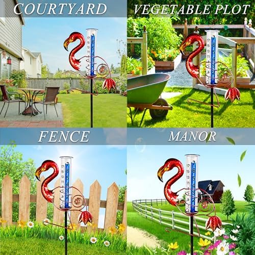 JOYBEE Flamingo Rain Gauge Garden Decor, Accurate Rain Gauges Outdoors,Rain Gauge for Yard with Stake, Decorative Rain Measure Gauge for Garden, Deck, Lawn with Large Numbers.