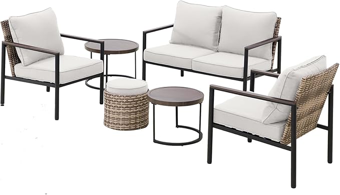 COOS BAY Sand Dune 5 Piece Wicker Patio Furniture Set, Rattan Outdoor Furniture with Nesting Tables, Chairs, Loveseat, Coffee Tables, and Ottoman, Brown/Beige