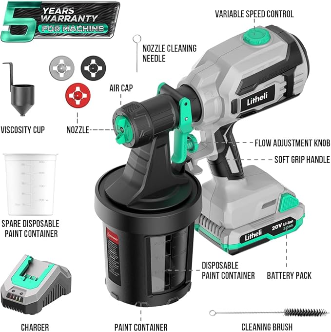 Litheli Cordless Paint Sprayer with Powerfu Brushless Motor, 20V 2.0Ah Battery Paint Sprayers with 4 Nozzle and 2 x 800ml Container, Electric HVLP Paint Gun for House Car, Deck, Fence, Furniture