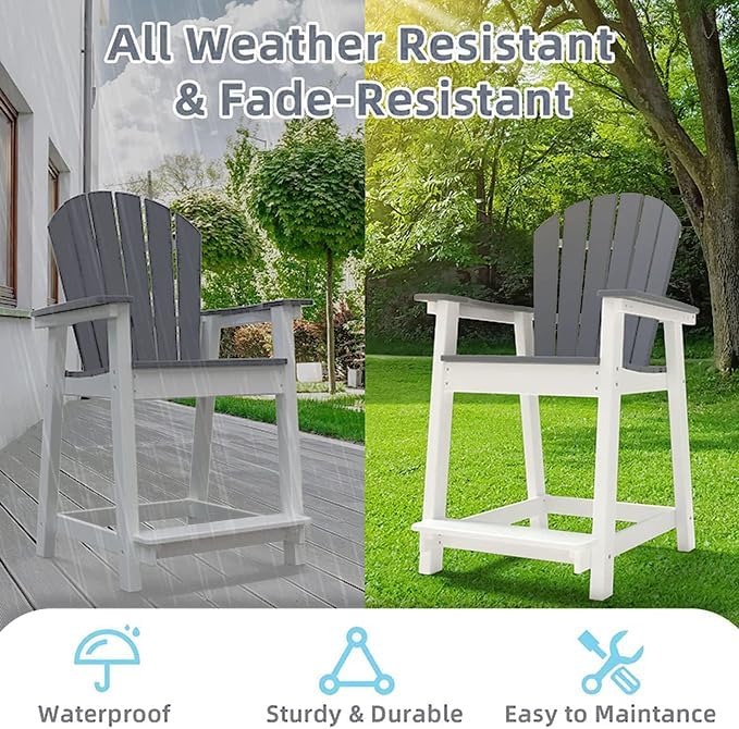OTSUN Outdoor Tall Adirondack Chairs Set of 6, Patio Bar Stool Chair with High Back, 400lbs, Widened Arms, All-Weather Balcony Chair for Backyard, Garden, Yard (6PCS, White & Grey)