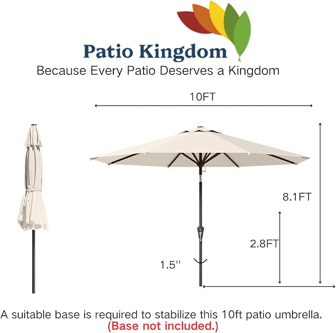 10FT Patio Umbrella Outdoor Market Umbrella with Crank and Tilt, 8 Flexible Fiberglass Ribs, UV-Resistant Waterproof Canopy for Patio, Deck, Garden, Backyard, Creamy White