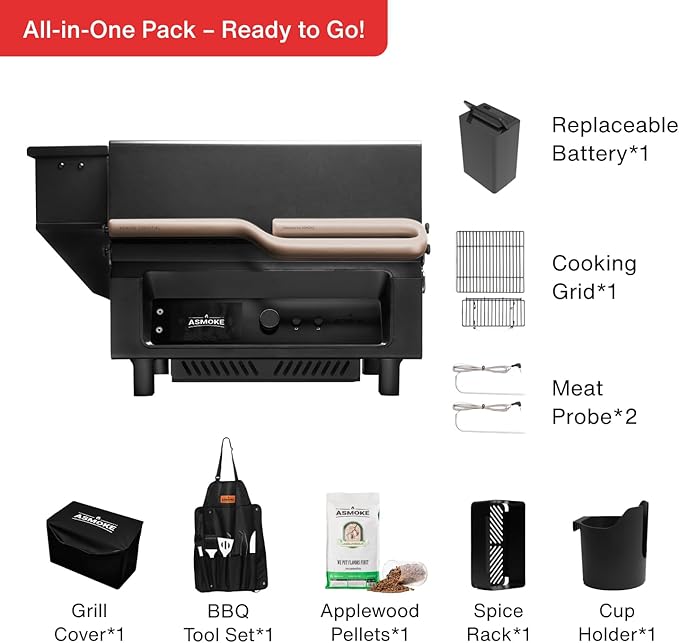 ASMOKE Essential V2 Full Grilling Combo - Smart Portable Wood Pellet Grill & Smoker with 5" LCD Screen, 8-in-1 Grill, 8H Battery, Effortless Cleaning, Wi-Fi Smart Control,271 sq.in, Fit for Family BBQ