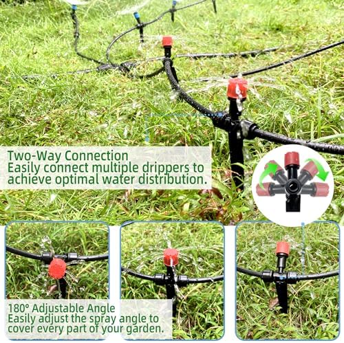 10PCS Push-to-Connect Drip Irrigation Emitters for 1/4 inch Irrigation Tubing, Two-Way Connection Adjustable Drip Emitter Sprayer with Stake, Irrigation Dripper Sprinklers for Drip Irrigation System