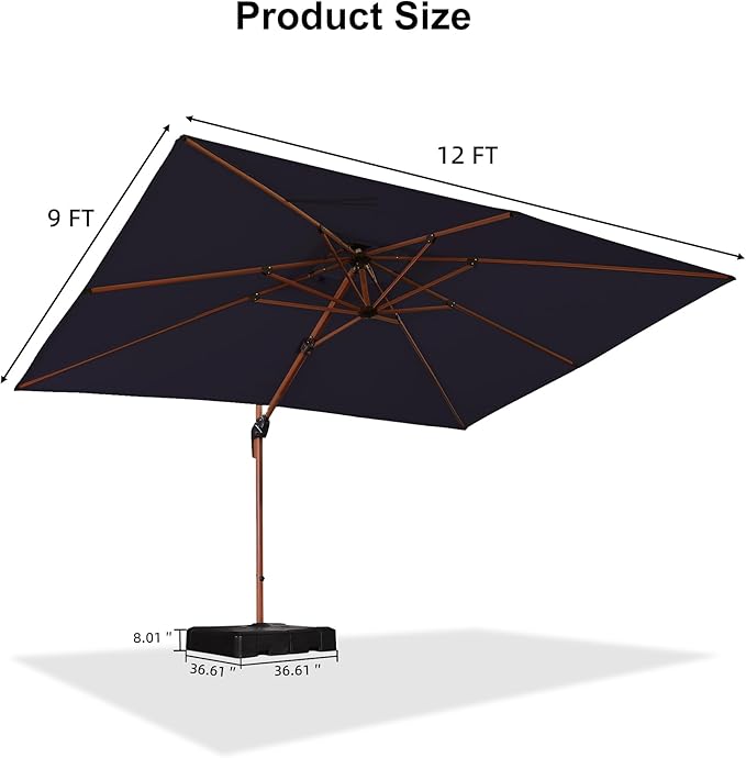 PURPLE LEAF 9' X 12' Double Top Deluxe Wood Pattern Rectangle Patio Umbrella with Base Offset Hanging Umbrella Outdoor Market Umbrella Garden Umbrella, Navy Blue