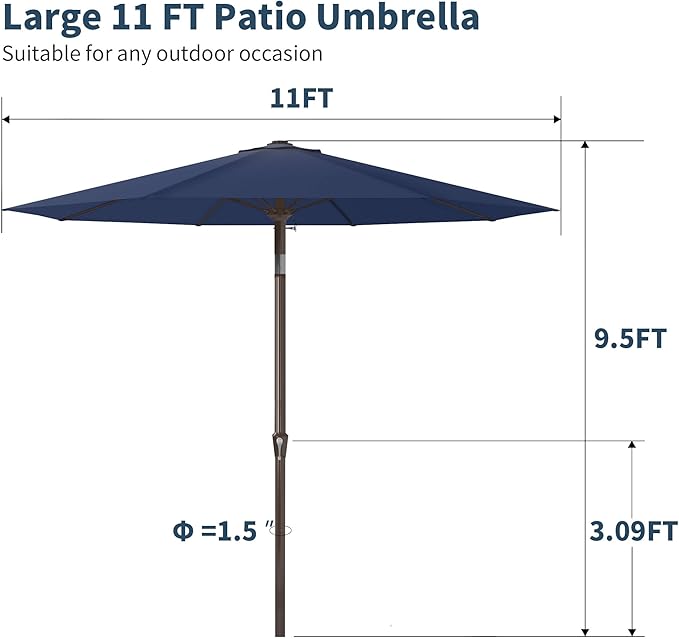 PatioKingdom 11FT Patio Umbrella,Outdoor Umbrella with Push Button Tilt and Crank,Market Table Umbrella with 8 Sturdy Fiberglass Ribs UV Protection(Navy, 11FT)