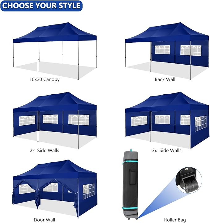 COBIZI 10x20 Pop up Canopy Tent Heavy Duty with 6 Sidewalls, Easy Set-up Commercial Outdoor Party Tent, 100% Waterproof Wedding Gazebo, 3 Height Adjustable with Wheeled Bag, Dark Blue