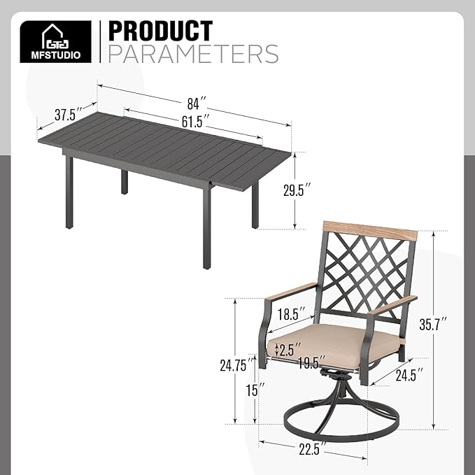 MFSTUDIO Outdoor Dining Set for 6, Patio Dining Sets with Expandable Table, 7 Piece Metal Patio Table and Chairs Set, Outdoor Patio Furniture Set for Deck Backyard Poolside Garden