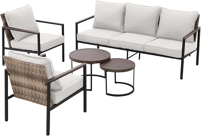 COOS BAY Sand Dune 5 Piece Wicker Patio Furniture Set, Rattan Outdoor Furniture with Nesting Tables, Chairs, Couch, and Coffee Tables, Brown/Beige
