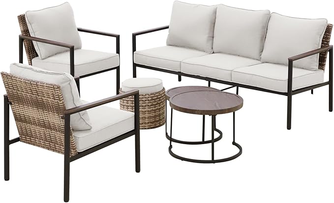 COOS BAY Sand Dune 5 Piece Wicker Patio Furniture Set, Rattan Outdoor Furniture with Nesting Tables, Chairs, Couch, Coffee Tables, and Ottoman, Brown/Beige