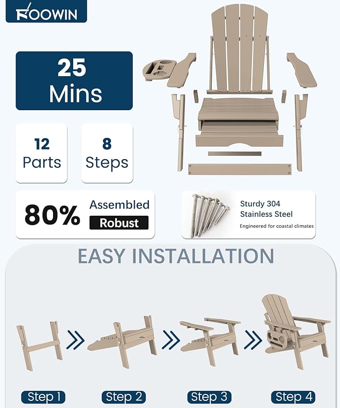 FOOWIN Folding Adjustable Adirondack Chair with Retractable Ottoman Set of 2, HDPE Adirondack Chair w/4 in 1 Cup Holder Trays,All-Weather Resistant Fire Pit Chair for Outdoor Patio Lawn, Brown