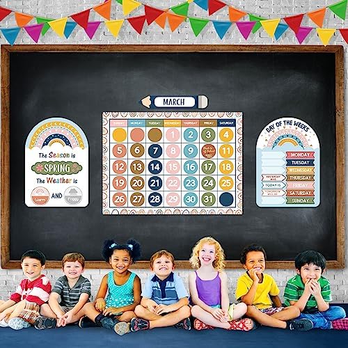 Tenare 82 Pcs Classroom Calendar Boho Weather Bulletin Board Set