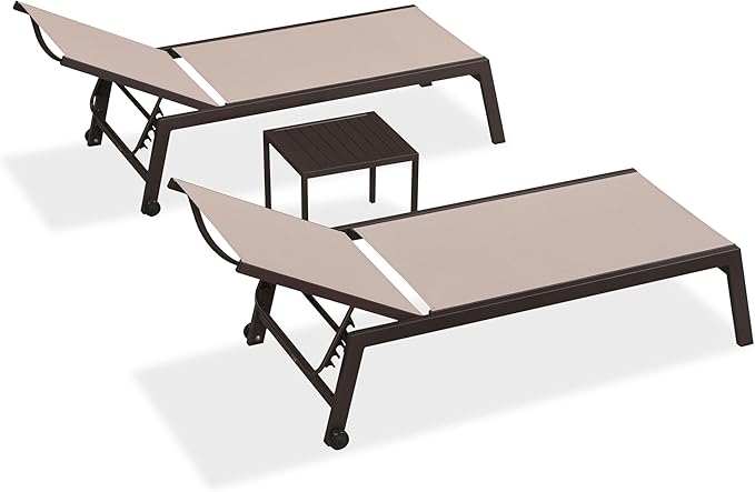 PURPLE LEAF Oversized Patio Lounge Chairs Set of 3, Reclining Pool Lounge Chairs with Side Table and Wheels for All Weather for Outdoor, Deck, Lawn, Aluminum Outside Pool, Sand Beige