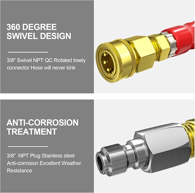 POHIR Pressure Washer Hose 70 FT×3/8 Inch 4800psi for Cold and Hot Water Max 248°F With 3/8 Inch Quick Connect Kink Resistant High Tensile Wire Braided, M22 Swivel to 3/8 Adapter Set 2pcs