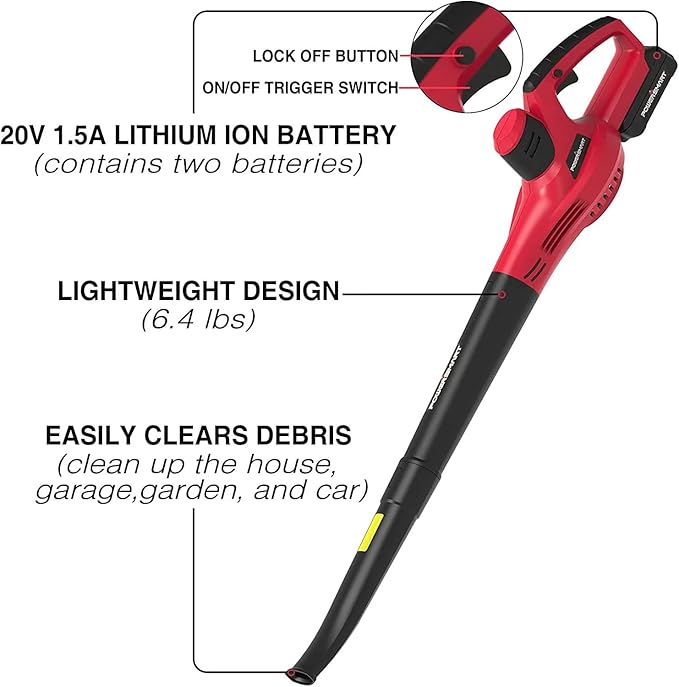 PowerSmart 20V Cordless Battery Operated Leaf Blower(120CFM/117MPH) with 2 Batteries and Charger, Portable,Lightweight & Small Blowers for Patio Cleaning,Lawn Care,Blowing Leaves and Dust (PS76101A)