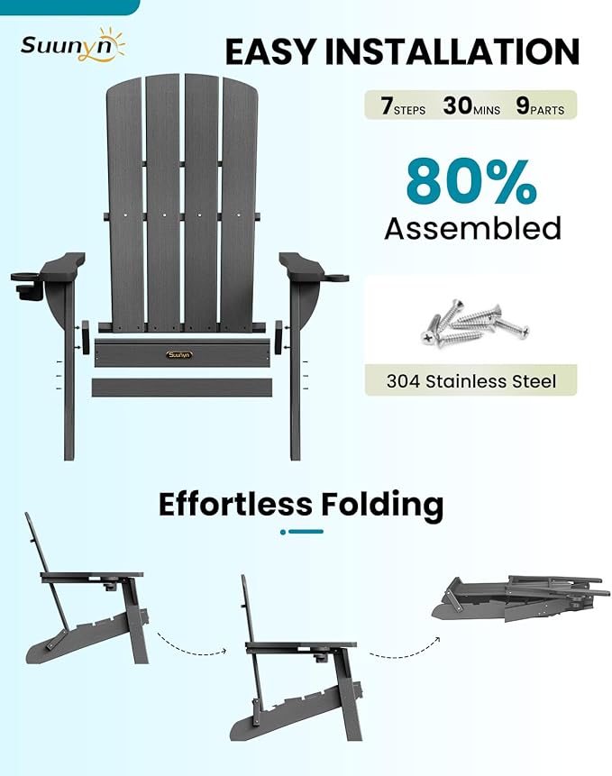 Folding Adirondack Chair 2 Pack, HDPE All-Weather Fire Pit Chairs, Plastic Adirondack Chairs with 2 Cup Holder, Outdoor Lawn Chair for Patio Garden (Grey)