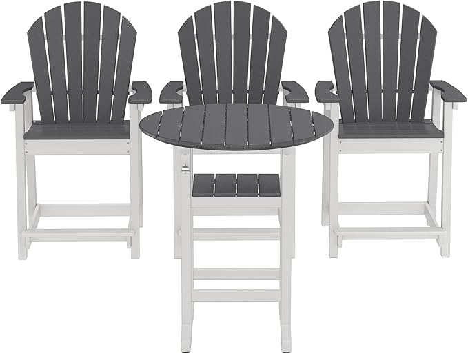 OTSUN 3 Counter Height Adirondack Chairs and 1 Bar Table, All Weather HDPE Patio Furniture, Wide Armrests, High Back, 400lb Capacity (White & Grey)