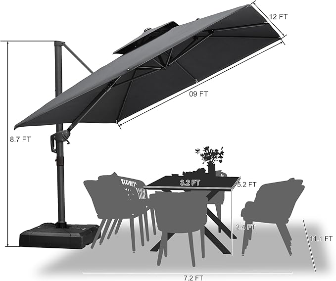PURPLE LEAF 9' X 12' Double Top Cantilever Patio Umbrella Deluxe Large Outdoor Umbrella Rectangle Offset Umbrella with Fade Resistance for Garden Deck Pool Patio, Graphite Grey