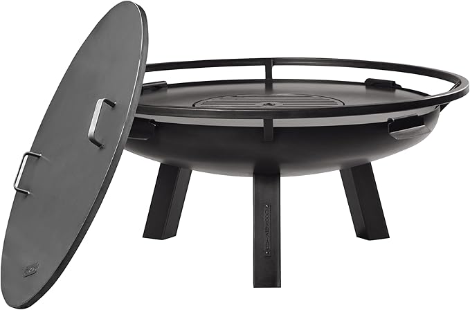 Ember 24" Handcrafted Cooking Fire Pit with Grill Plate Attachment and Cover Lid Attachment for Wood Burning for Backyard Grilling Campfire for Camping, Outdoor Steel Firepit, by Good Directions