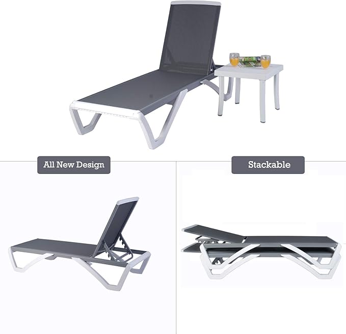 Kozyard Patio Chaise Lounge Chair - Full Flat Alumium & Resin Legs, Outdoor Reclining Adjustable Chair for Sunbathing, Patio, Beach, Lounge Without Table (Gray Textilene Without Table)